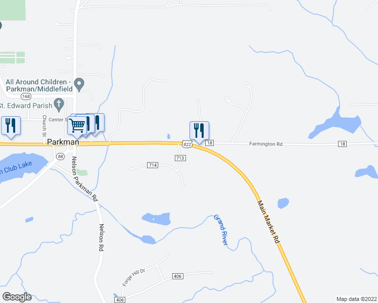 map of restaurants, bars, coffee shops, grocery stores, and more near 18351 Grand River Drive in West Farmington