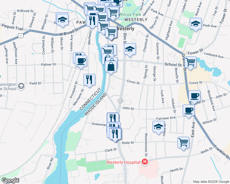 map of restaurants, bars, coffee shops, grocery stores, and more near 192 1/2 Main Street in Westerly