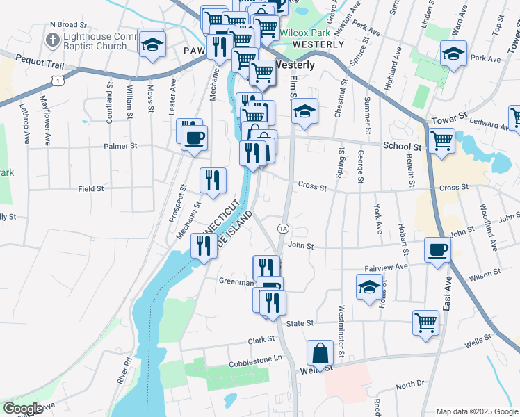 map of restaurants, bars, coffee shops, grocery stores, and more near 192 1/2 Main Street in Westerly