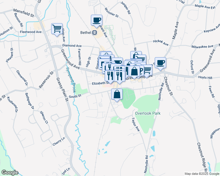 map of restaurants, bars, coffee shops, grocery stores, and more near 87 South Street in Bethel