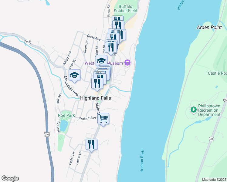 map of restaurants, bars, coffee shops, grocery stores, and more near 29 Webb Lane in Highland Falls