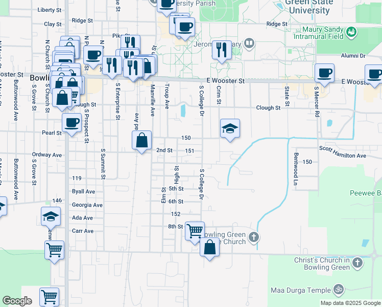 map of restaurants, bars, coffee shops, grocery stores, and more near 822 2nd Street in Bowling Green