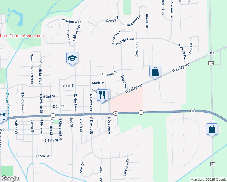 map of restaurants, bars, coffee shops, grocery stores, and more near 1304 Wesley Road in Auburn