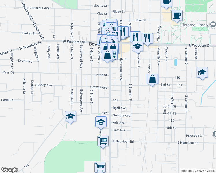 map of restaurants, bars, coffee shops, grocery stores, and more near 340-398 S Main St in Bowling Green