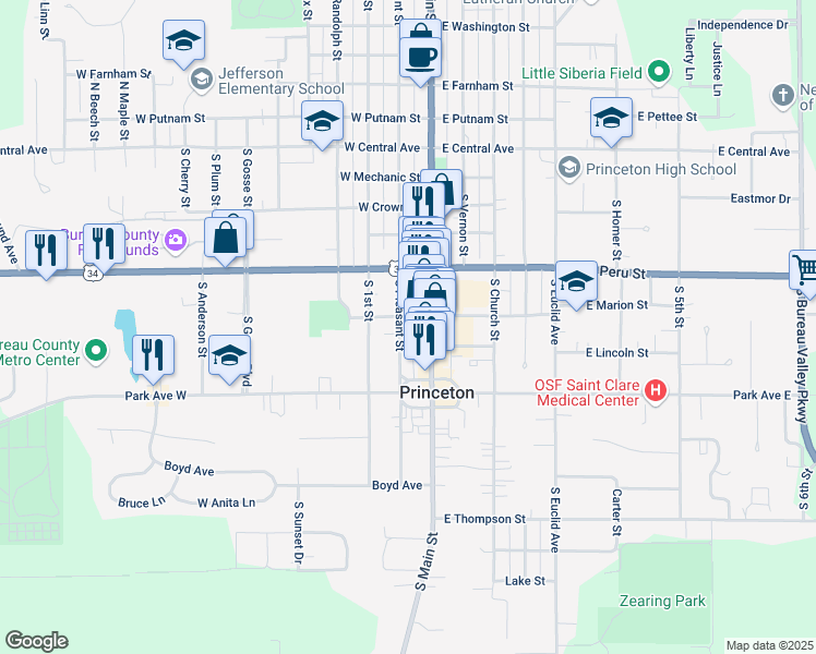 map of restaurants, bars, coffee shops, grocery stores, and more near 509 South Pleasant Street in Princeton
