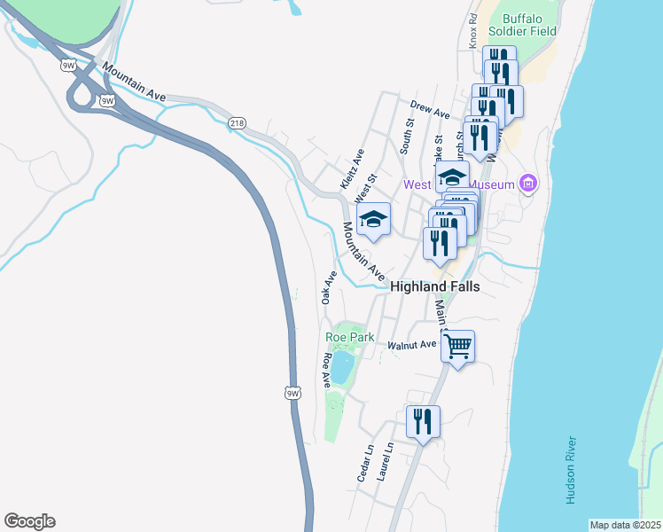 map of restaurants, bars, coffee shops, grocery stores, and more near 31 Oak Avenue in Highland Falls