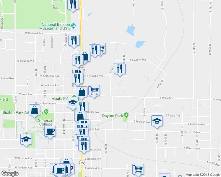 map of restaurants, bars, coffee shops, grocery stores, and more near 1078 North 6th Street in Indianola