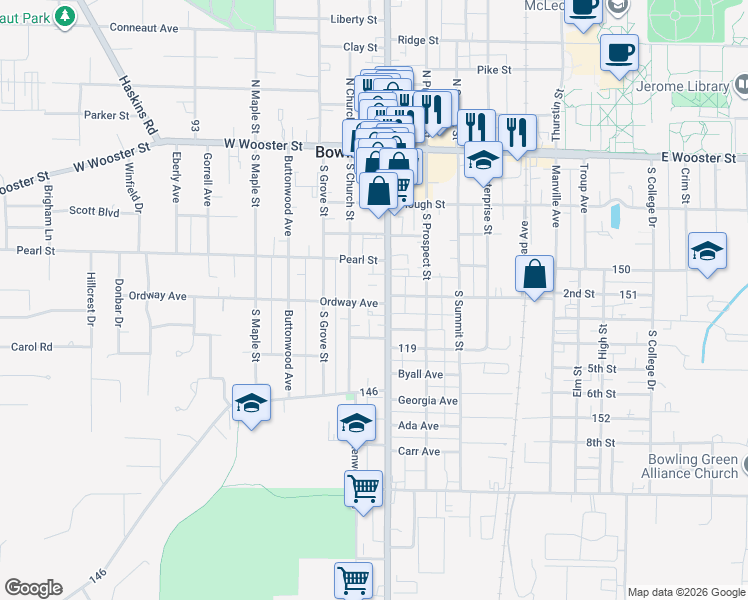 map of restaurants, bars, coffee shops, grocery stores, and more near 340-398 S Main St in Bowling Green