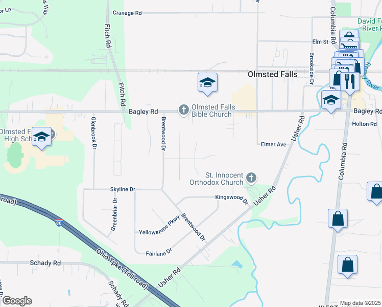map of restaurants, bars, coffee shops, grocery stores, and more near 8396 Old Post Road in Olmsted Falls