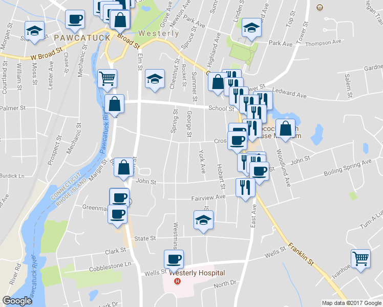 map of restaurants, bars, coffee shops, grocery stores, and more near 32 George Street in Westerly