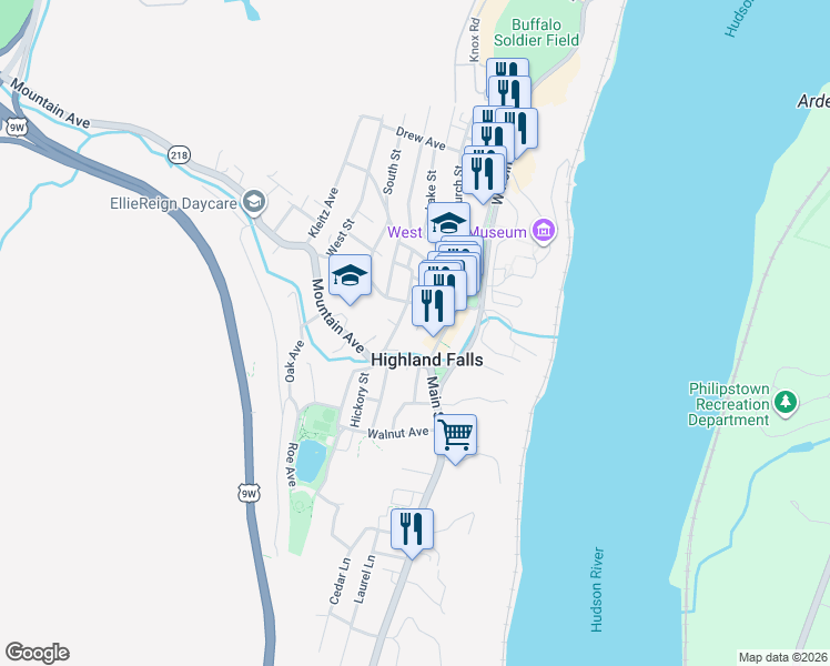 map of restaurants, bars, coffee shops, grocery stores, and more near 16 McCullums Lane in Highland Falls