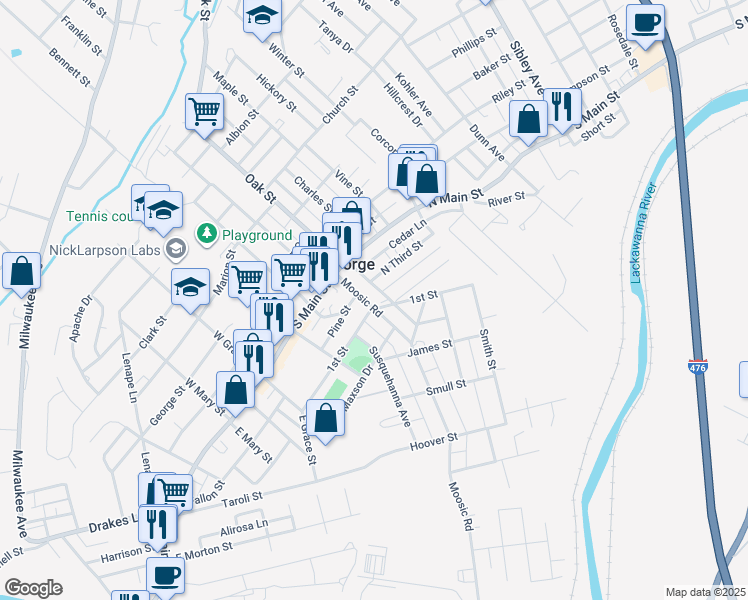map of restaurants, bars, coffee shops, grocery stores, and more near 139 Moosic Road in Old Forge