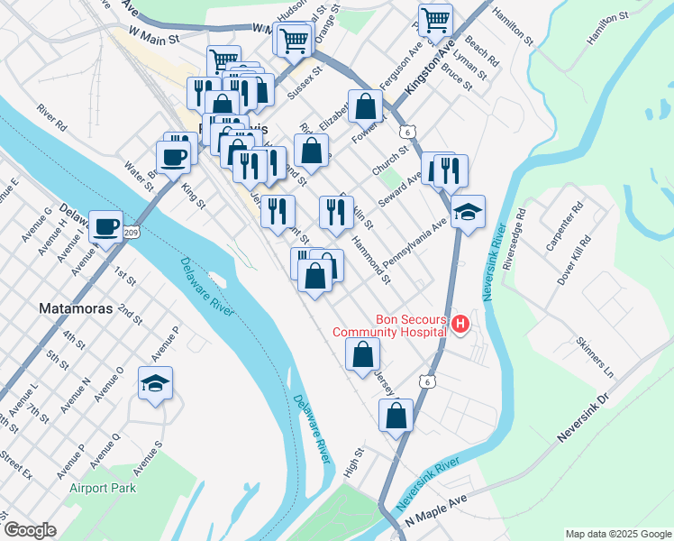 map of restaurants, bars, coffee shops, grocery stores, and more near 138-140 Front Street in Port Jervis