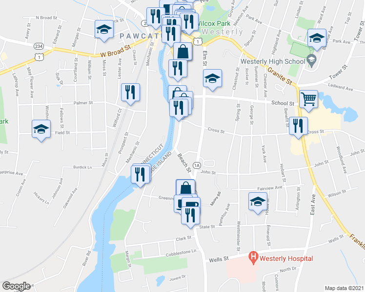 map of restaurants, bars, coffee shops, grocery stores, and more near 192 1/2 Main Street in Westerly