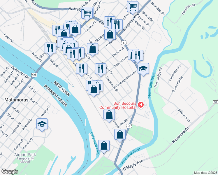 map of restaurants, bars, coffee shops, grocery stores, and more near 126 Ball Street in Port Jervis