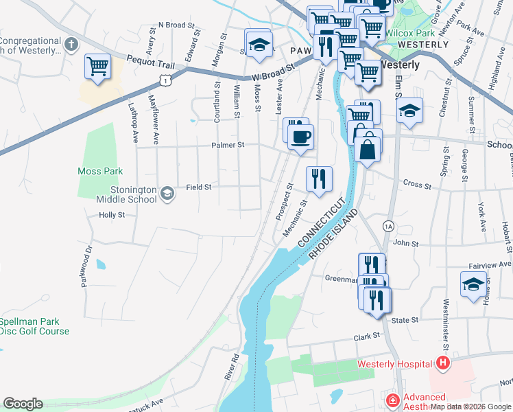 map of restaurants, bars, coffee shops, grocery stores, and more near 65 Moss Street in Stonington