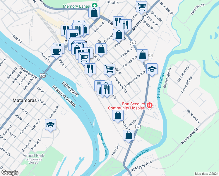 map of restaurants, bars, coffee shops, grocery stores, and more near 138-140 Front Street in Port Jervis