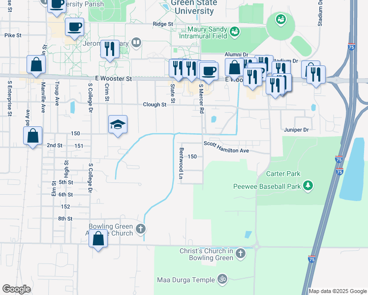 map of restaurants, bars, coffee shops, grocery stores, and more near 317 Bentwood Ln in Bowling Green
