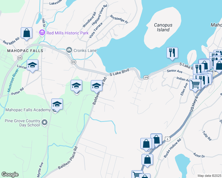 map of restaurants, bars, coffee shops, grocery stores, and more near 11 Clare Lane in Mahopac