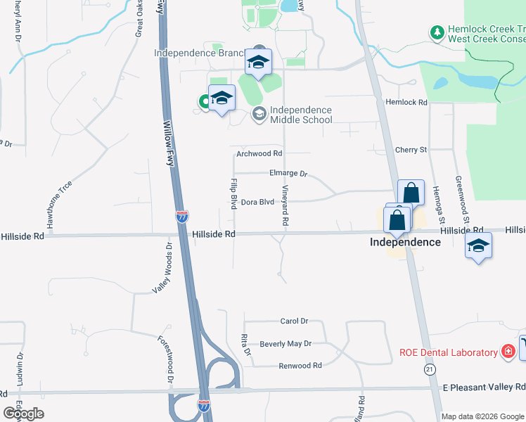 map of restaurants, bars, coffee shops, grocery stores, and more near 6126 Dora Boulevard in Independence