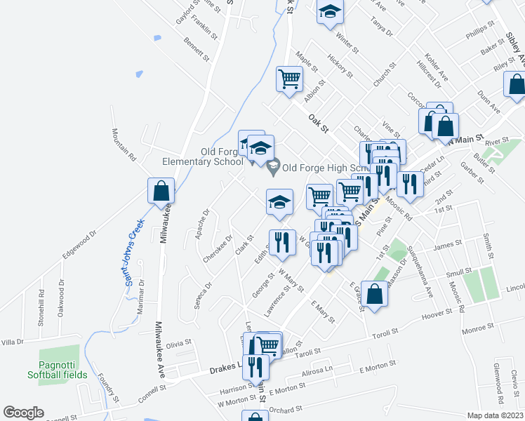 map of restaurants, bars, coffee shops, grocery stores, and more near 506 W Grace St in Old Forge