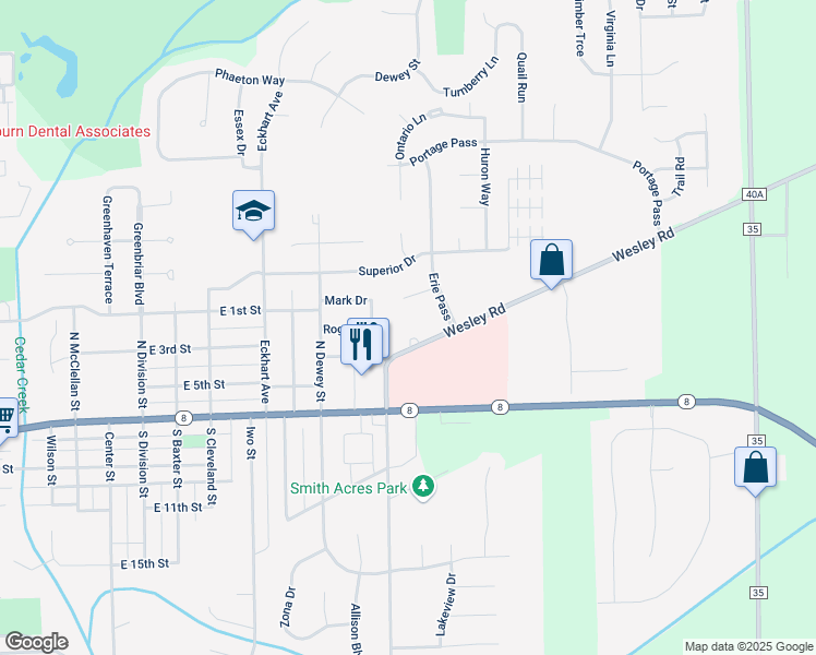 map of restaurants, bars, coffee shops, grocery stores, and more near 1304 Wesley Road in Auburn