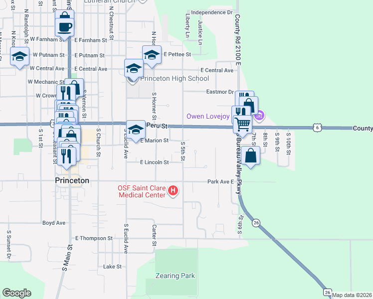 map of restaurants, bars, coffee shops, grocery stores, and more near 518 South 5th Street in Princeton