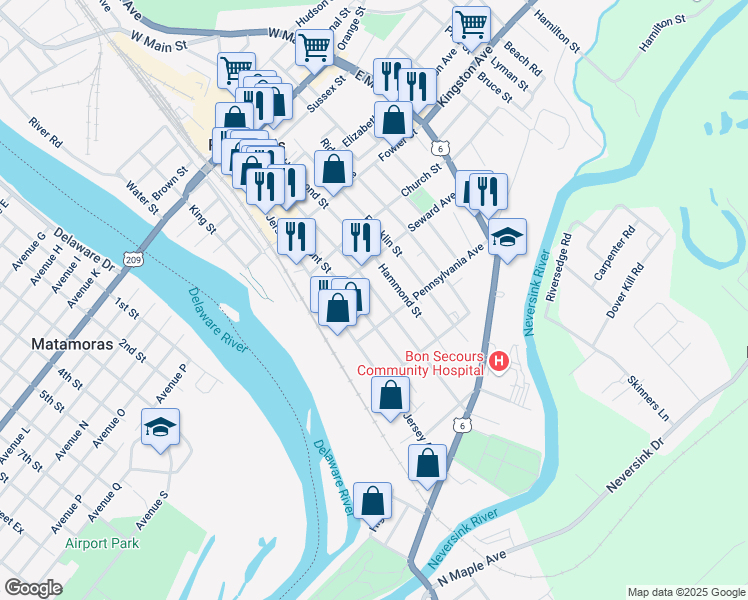 map of restaurants, bars, coffee shops, grocery stores, and more near 126 Ball Street in Port Jervis