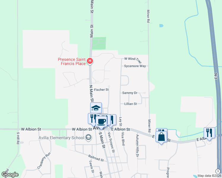map of restaurants, bars, coffee shops, grocery stores, and more near 125 Fischer Street in Avilla