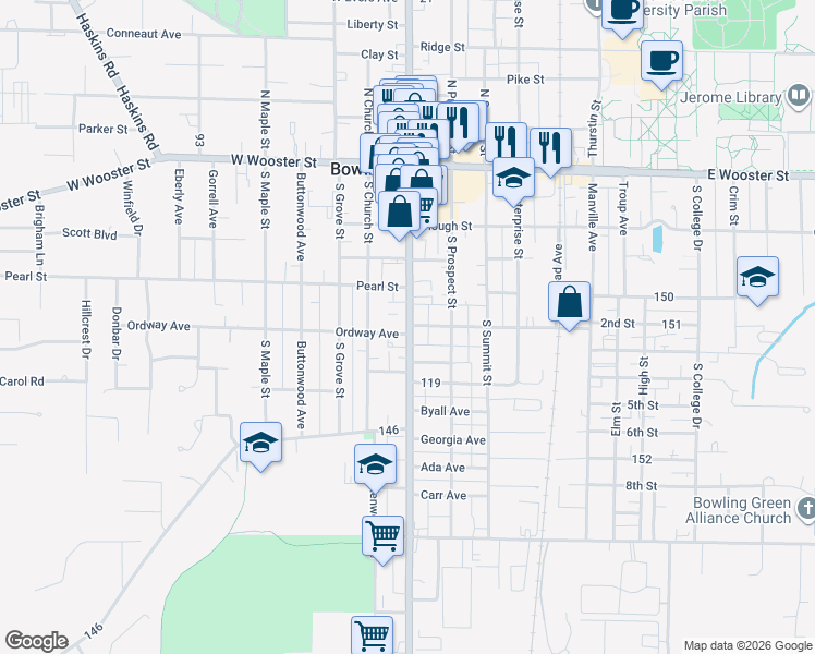 map of restaurants, bars, coffee shops, grocery stores, and more near 340-398 S Main St in Bowling Green