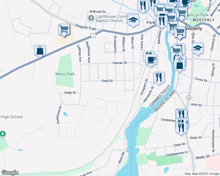 map of restaurants, bars, coffee shops, grocery stores, and more near 46 Fellows St in Stonington