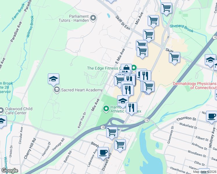 map of restaurants, bars, coffee shops, grocery stores, and more near 21 Plaza Terrace in Hamden