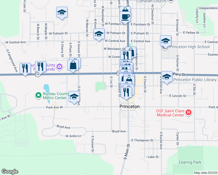 map of restaurants, bars, coffee shops, grocery stores, and more near 510 South 1st Street in Princeton