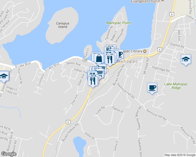 map of restaurants, bars, coffee shops, grocery stores, and more near 572 U.S. 6 in Mahopac