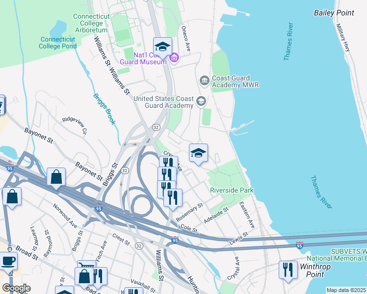 map of restaurants, bars, coffee shops, grocery stores, and more near 74 Riverside Heights Road in New London