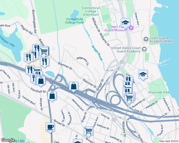 map of restaurants, bars, coffee shops, grocery stores, and more near 68 Hawthorne Drive in New London
