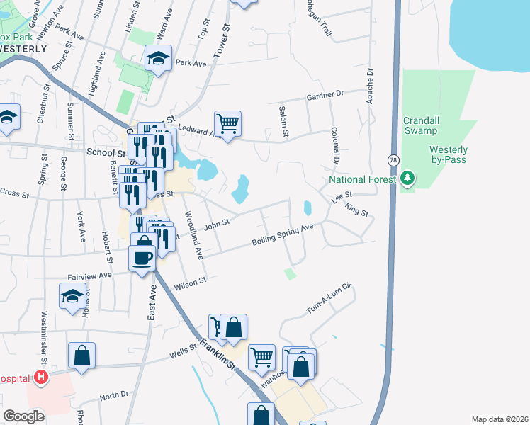 map of restaurants, bars, coffee shops, grocery stores, and more near 9 Midland Road in Westerly
