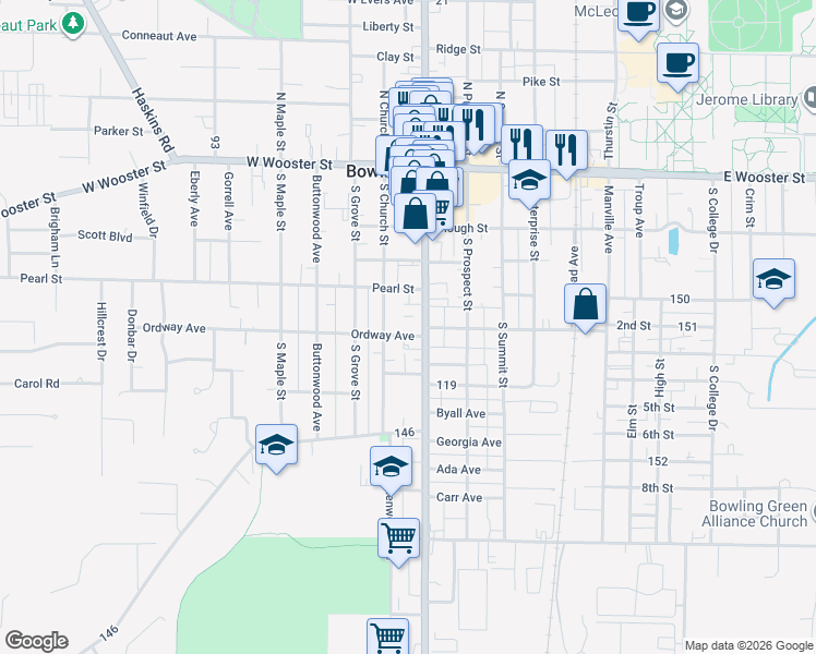 map of restaurants, bars, coffee shops, grocery stores, and more near 340-398 S Main St in Bowling Green