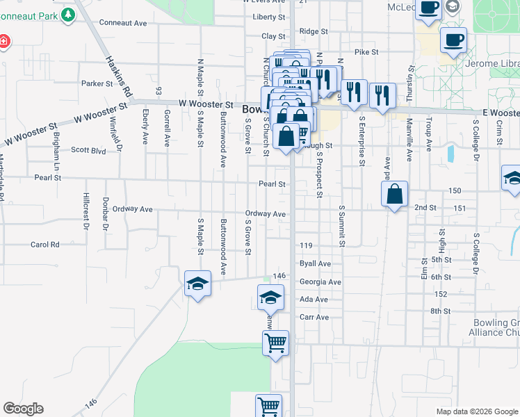 map of restaurants, bars, coffee shops, grocery stores, and more near 345 South Church Street in Bowling Green