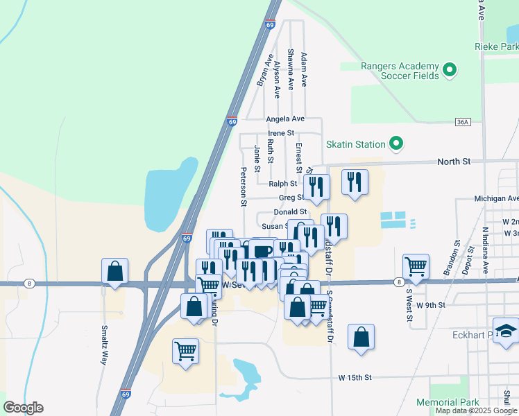map of restaurants, bars, coffee shops, grocery stores, and more near 1114 Donald Street in Auburn