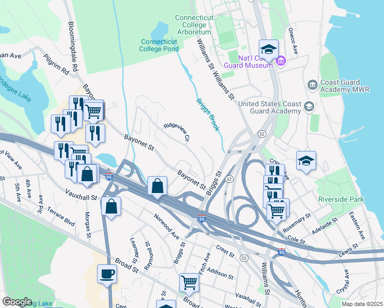 map of restaurants, bars, coffee shops, grocery stores, and more near 68 Hawthorne Drive in New London