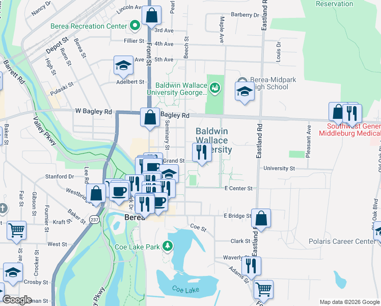 map of restaurants, bars, coffee shops, grocery stores, and more near 105 East Grand Street in Berea