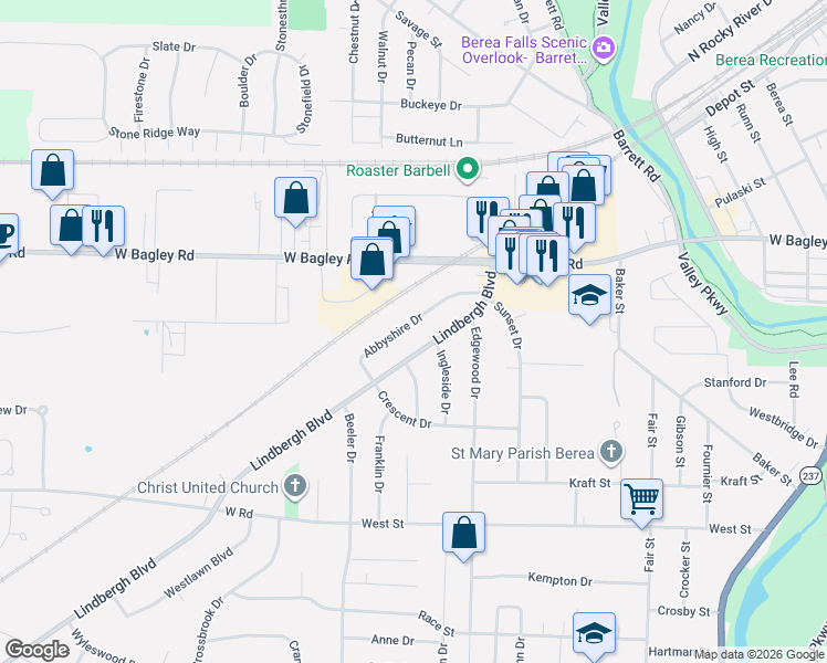 map of restaurants, bars, coffee shops, grocery stores, and more near 556 Lindbergh Boulevard in Berea
