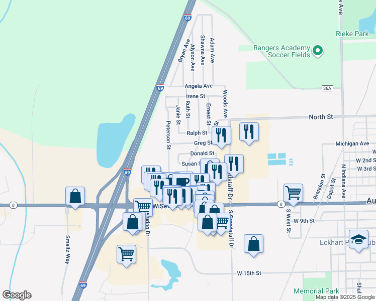map of restaurants, bars, coffee shops, grocery stores, and more near 1114 Donald Street in Auburn