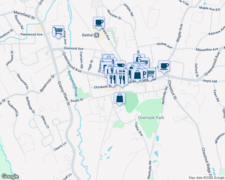 map of restaurants, bars, coffee shops, grocery stores, and more near 87 South Street in Bethel