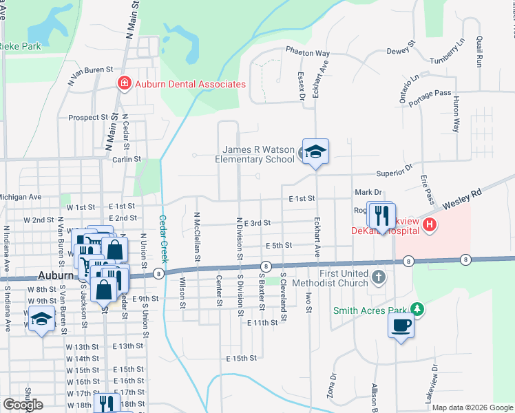 map of restaurants, bars, coffee shops, grocery stores, and more near 400-498 N Division St in Auburn