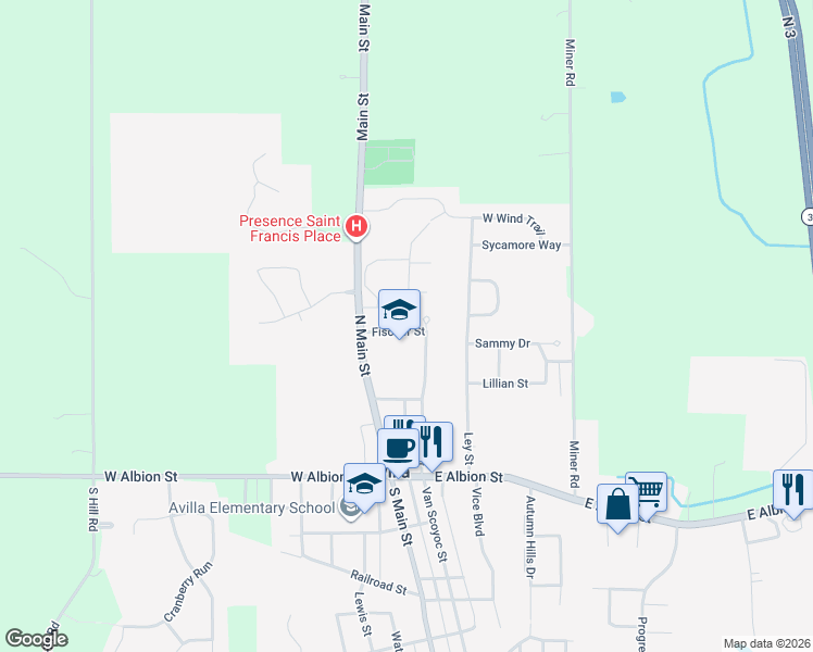map of restaurants, bars, coffee shops, grocery stores, and more near 125 Fischer Street in Avilla