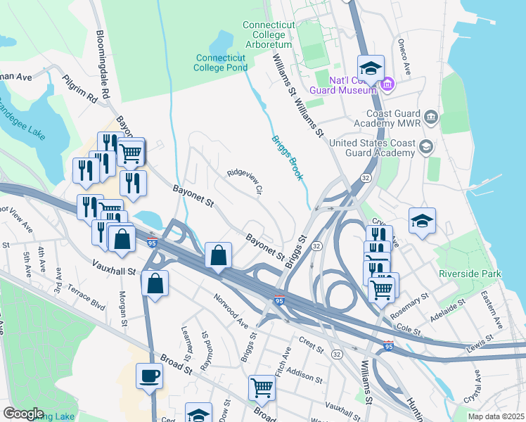 map of restaurants, bars, coffee shops, grocery stores, and more near 74 Hawthorne Drive in New London