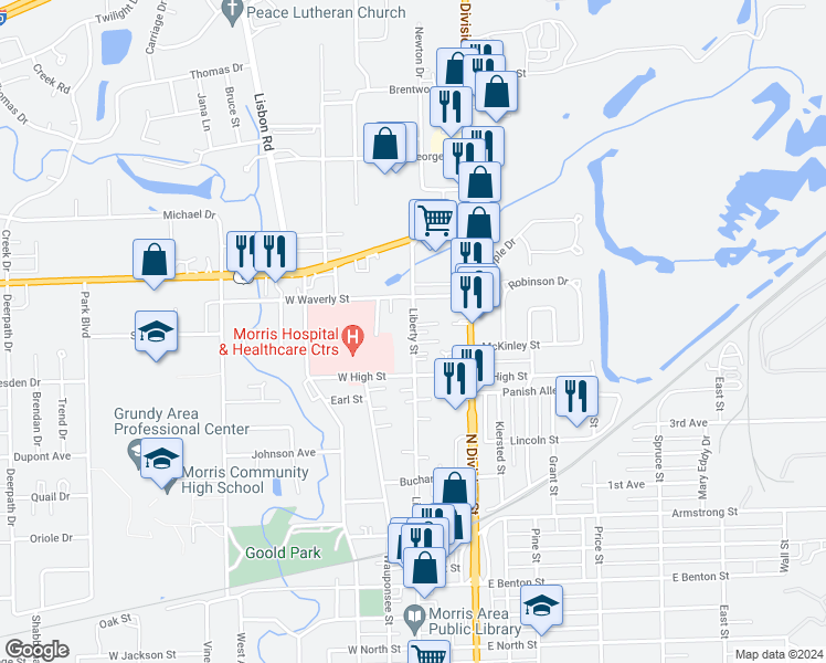 map of restaurants, bars, coffee shops, grocery stores, and more near 1341 Liberty Street in Morris
