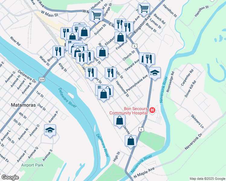 map of restaurants, bars, coffee shops, grocery stores, and more near 113 Ball Street in Port Jervis
